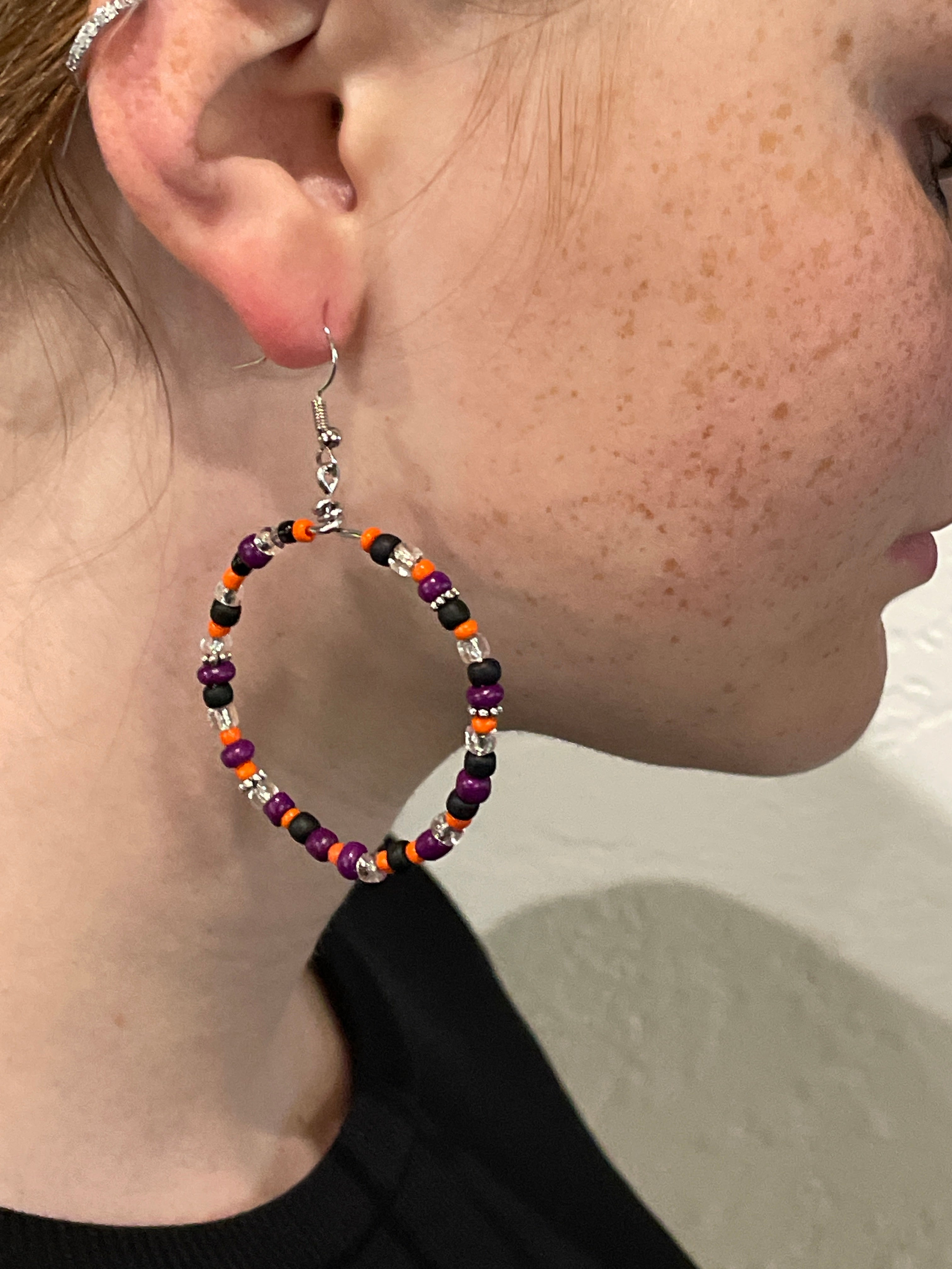 Halloween- Beaded Hoop Earrings-PAIR